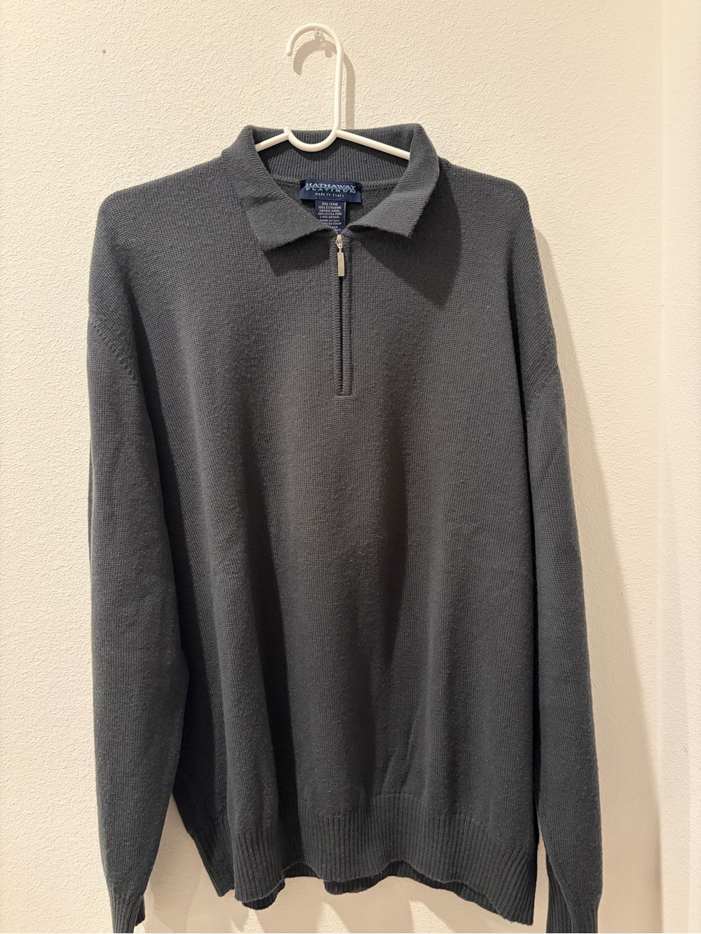 Hathaway Men's Gray Quarter-Zip Polo Sweater, 100% Extra Merino, Made in Italy
